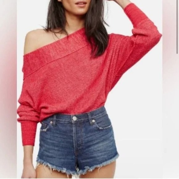 Free People Alana Pullover Linen Cotton Blend Red Knit Off The Shoulder Sweater - Picture 3 of 10